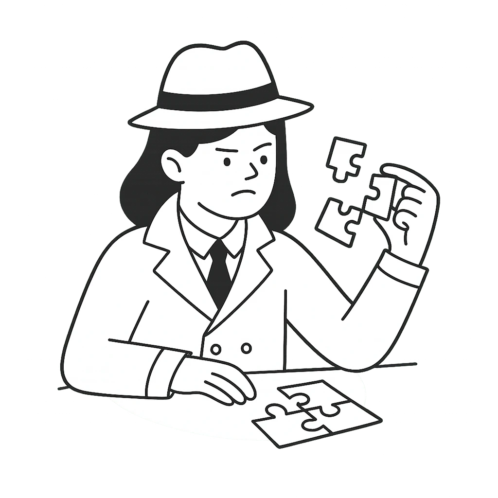 Detective donna con cappello e impermeabile che analizza pezzi di puzzle, simbolo della risoluzione di un caso investigativo complesso, concetto di logica e deduzione in stile investigativo.