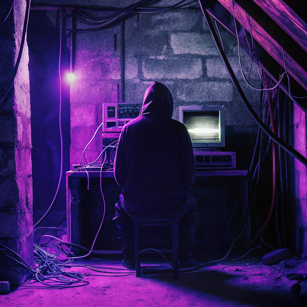 Figura incappucciata seduta in un seminterrato buio, davanti a vecchi monitor collegati da cavi elettrici, illuminata da una luce viola: rappresentazione di un hacker in azione o attività informatica clandestina.