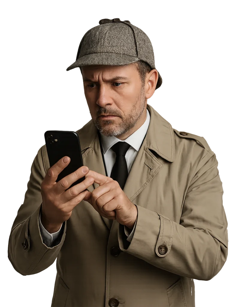 Detective con impermeabile e cappello in stile ChatCrime, volto serio e baffi, figura stilizzata raffigurata frontalmente con lente d’ingrandimento: icona simbolica di investigazione digitale e gioco di indagine via chat.