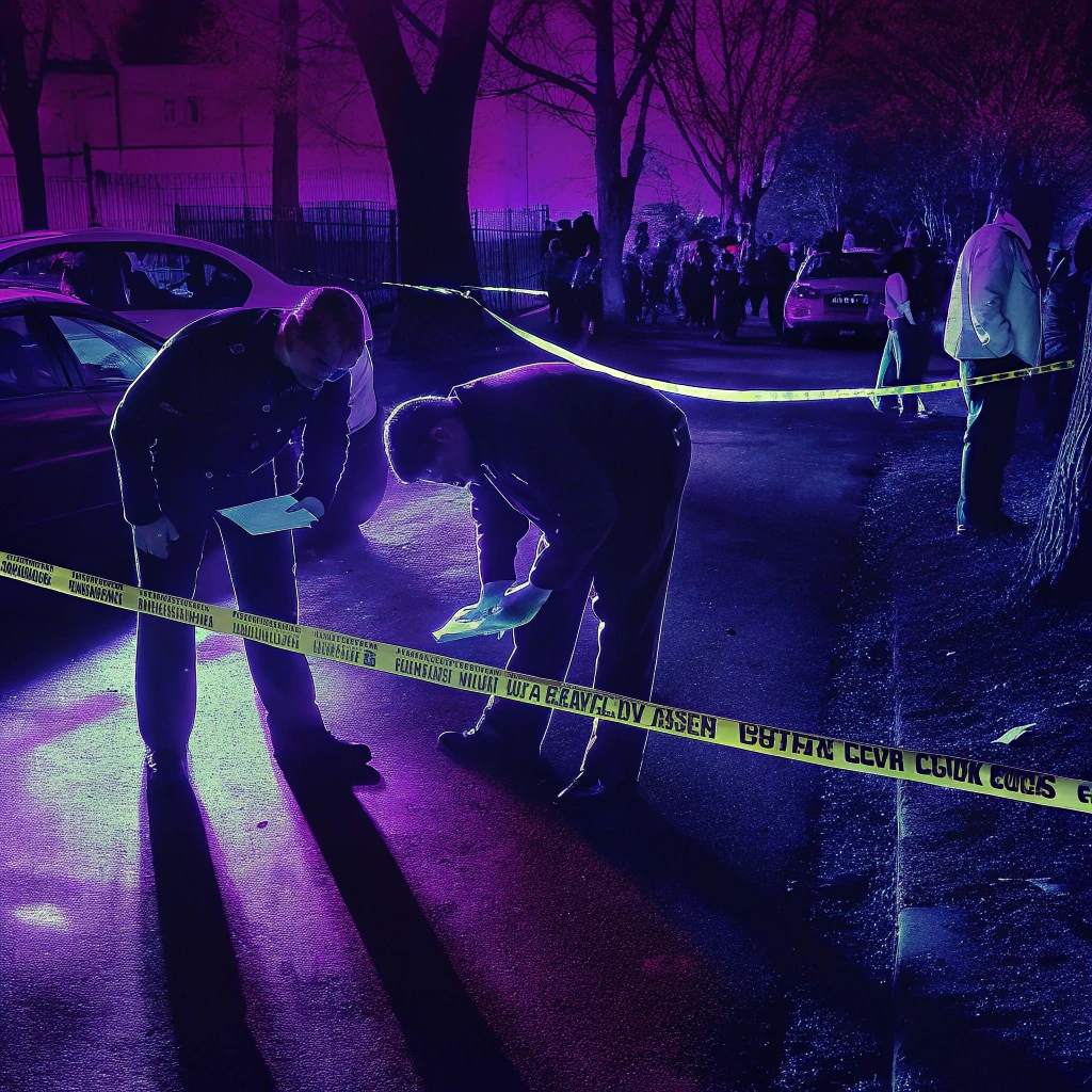 Scena del crimine notturna delimitata da nastro giallo della polizia, due agenti esaminano documenti sull’asfalto, sfondo urbano con luci viola e presenza di curiosi: atmosfera investigativa tesa in stile noir contemporaneo.