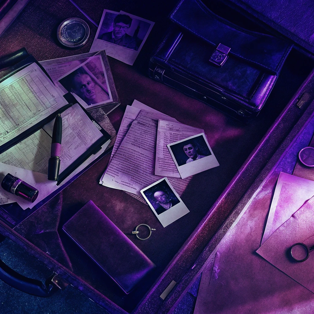 Scrivania di detective in stile illustrativo: piano con lampada da tavolo, documenti investigativi, mappa, cartelline, tazza di caffè e computer, sullo sfondo una bacheca con foto sospette, note, fili collegati; atmosfera da ufficio investigativo poliziesco.