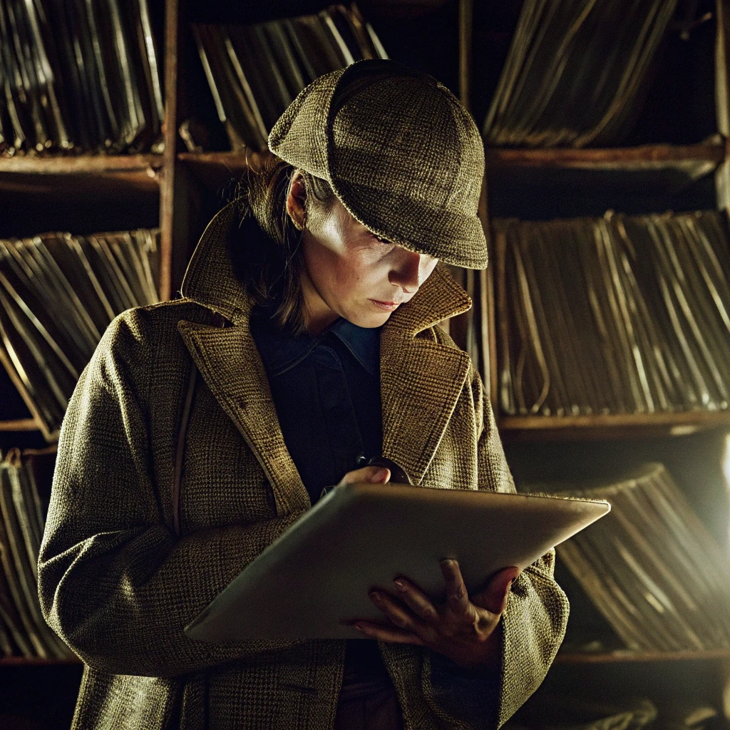 Detective donna in stile retrò con cappotto e berretto da investigatrice, concentra lo sguardo su una cartella d’indagine, sullo sfondo scaffali colmi di fascicoli cartacei; atmosfera investigativa, archivio misterioso.