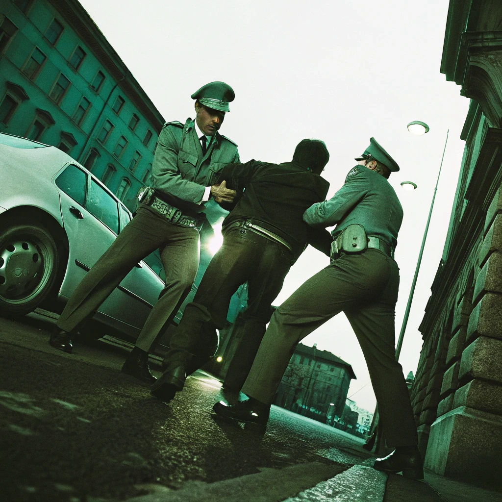 Due agenti in uniforme bloccano un uomo in fuga in una strada urbana deserta, con luce drammatica e palazzi in stile europeo sullo sfondo; scena d’arresto ad alta tensione in contesto poliziesco.